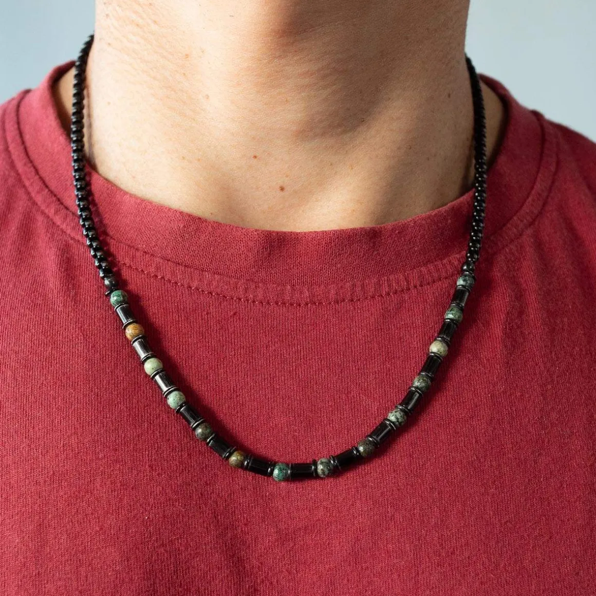 Collier acier vieilli tourquoises vertes 50cm