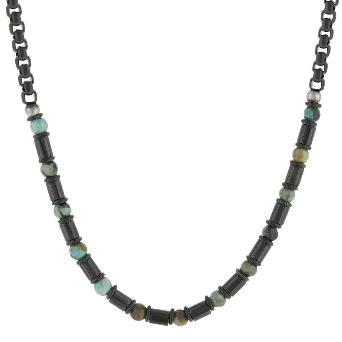 Collier acier vieilli tourquoises vertes 50cm