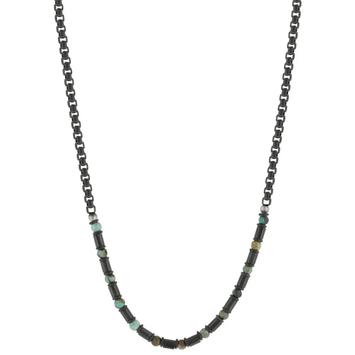 Collier acier vieilli tourquoises vertes 50cm