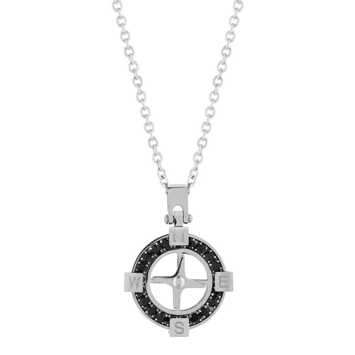 Collier acier zirconia noir boussole 55 cm