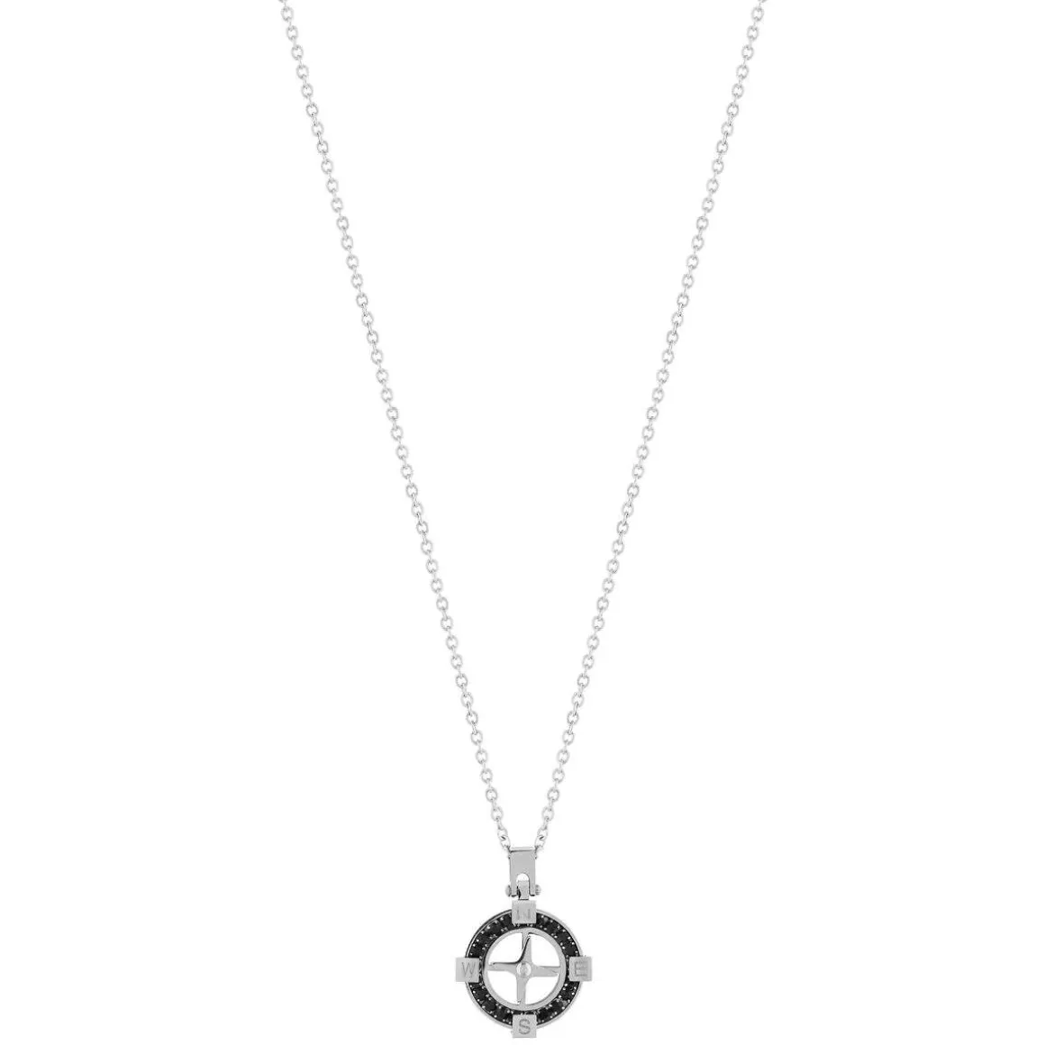 Collier acier zirconia noir boussole 55 cm