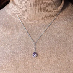 Collier argent 925 améthyste taille poire et zirconias 45 cm