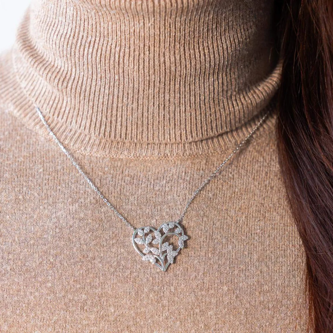 Collier argent 925 coeur feuillage zirconias 45 cm