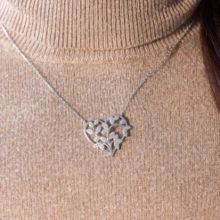 Collier argent 925 coeur feuillage zirconias 45 cm