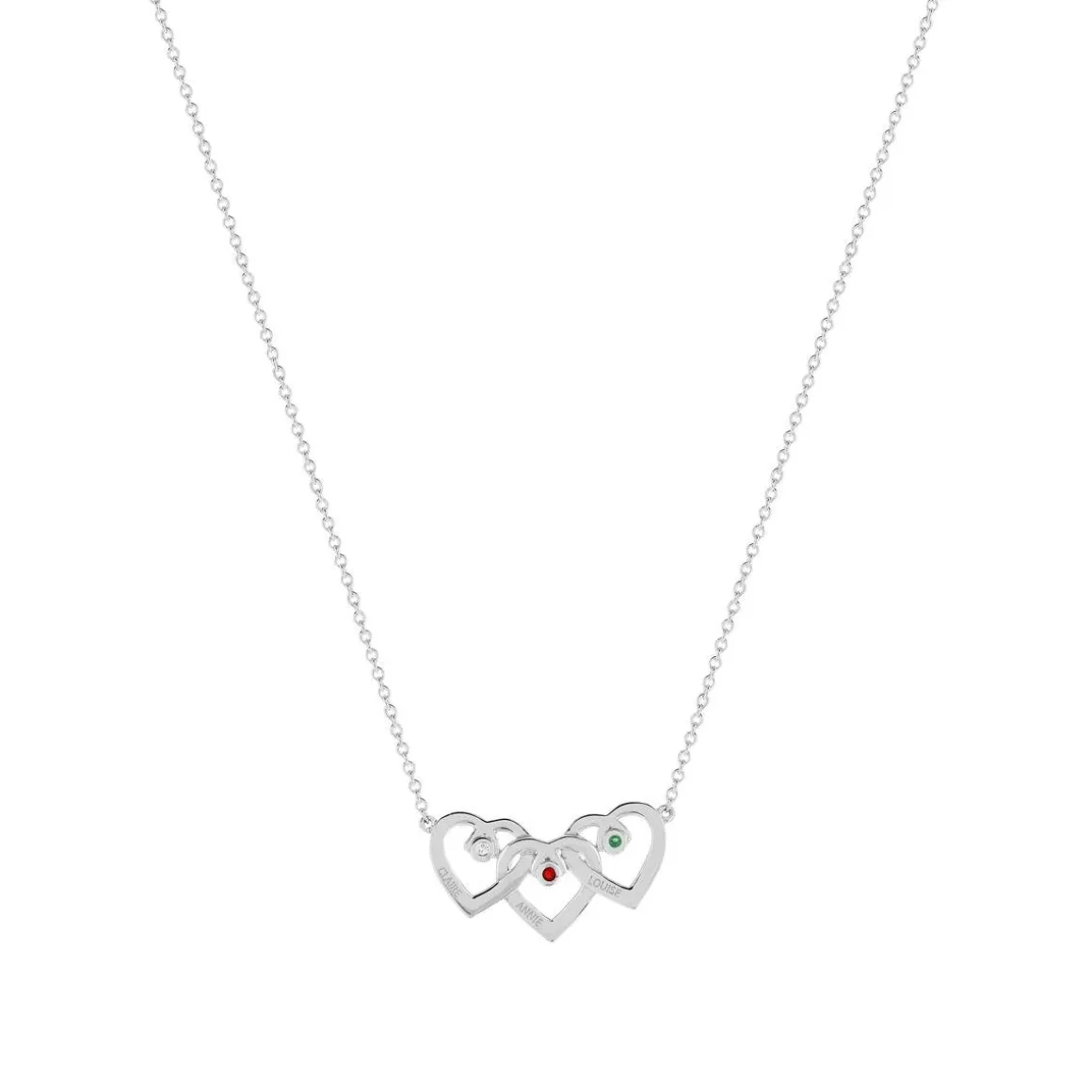 Collier argent 925 coeurs entrelacés zirconias blanc rouge et vert 44,5 cm