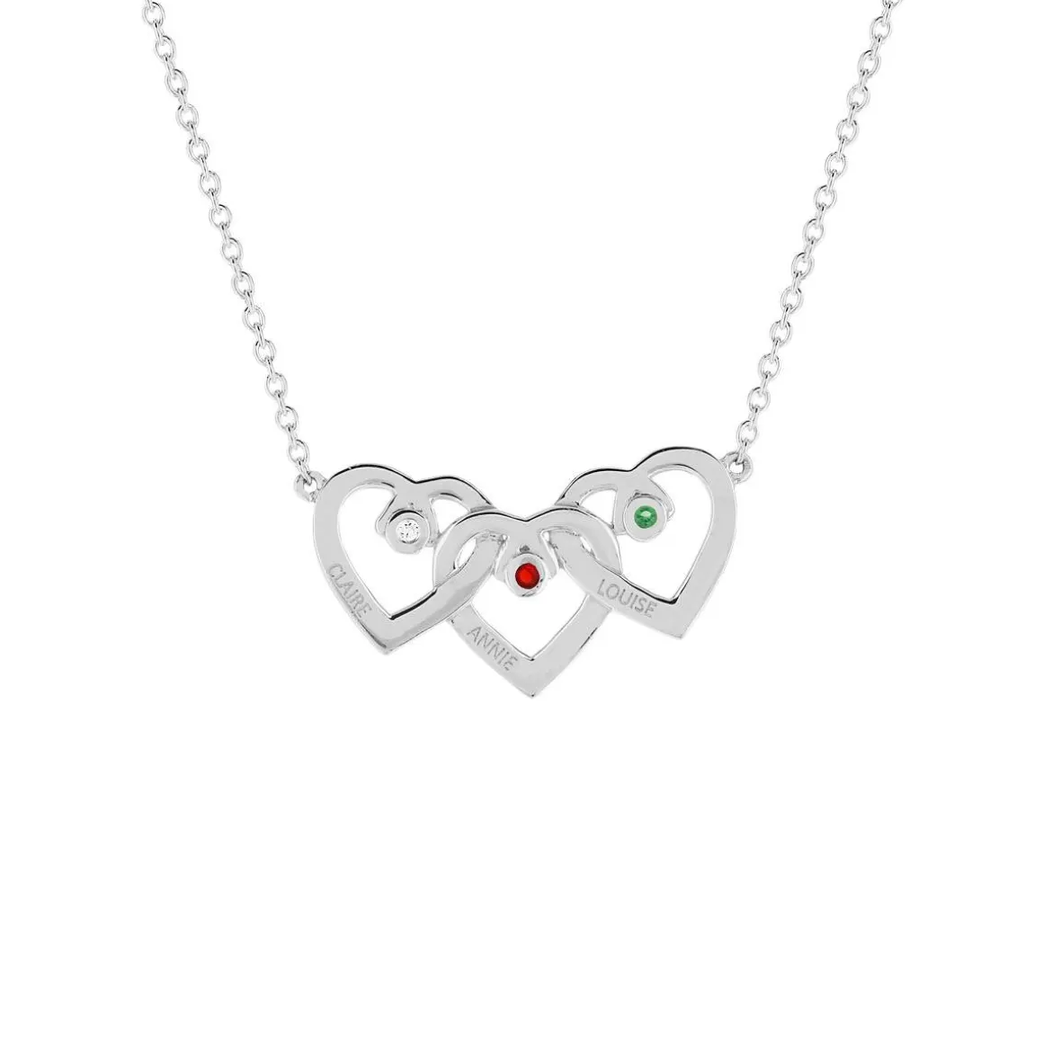 Collier argent 925 coeurs entrelacés zirconias blanc rouge et vert 44,5 cm