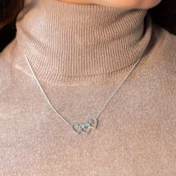 Collier argent 925 coeurs entrelacés zirconias blanc rouge et vert 44,5 cm