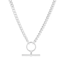 Collier argent 925 maille gourmette motif anneau T/bar. Longueur 45 cm.