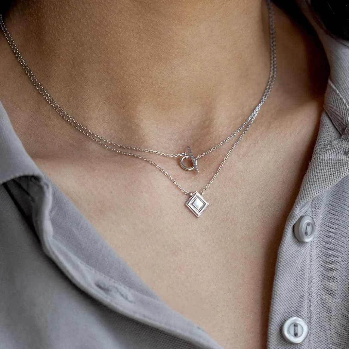 Collier argent 925, motif losange perlé 45 cm