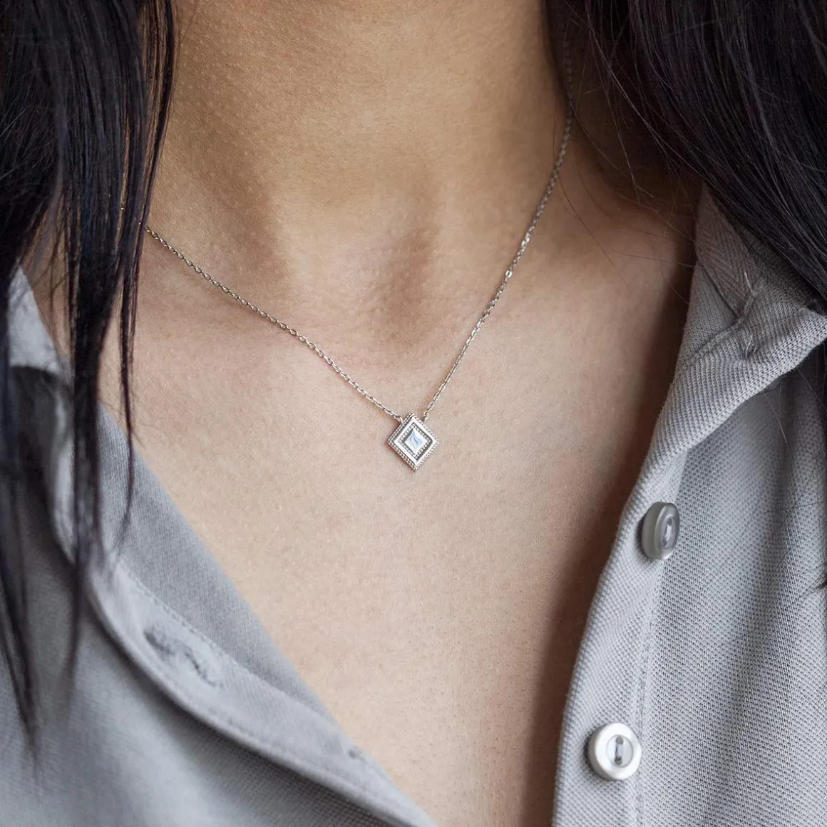 Collier argent 925, motif losange perlé 45 cm