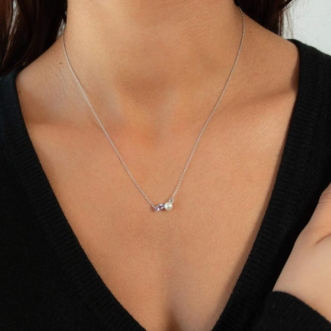 Collier argent 925 perle de Chine améthyste et topaze blanche 45cm
