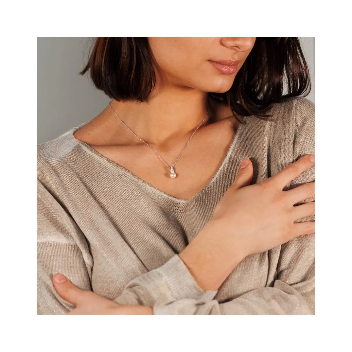 Collier argent 925 perle de culture et zirconias 45 cm