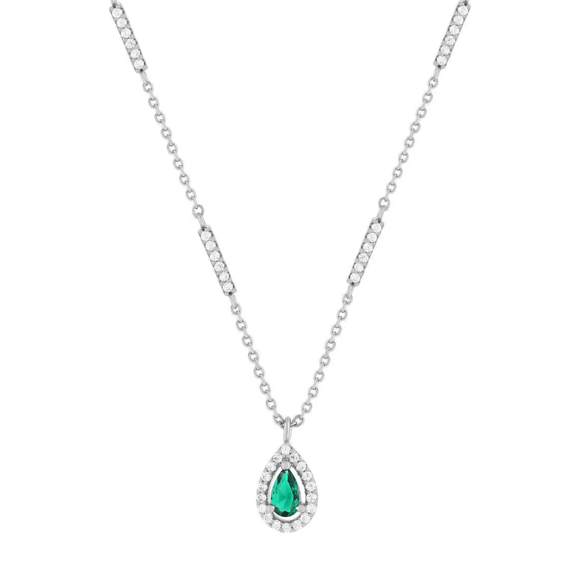 Collier argent 925 pierre imitation verte et zirconias 45 cm