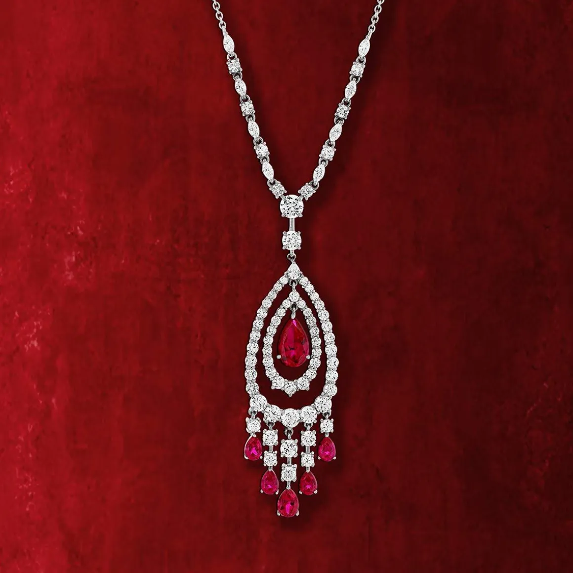 Collier argent 925, pierres synthétiques rouge zirconias 45 cm