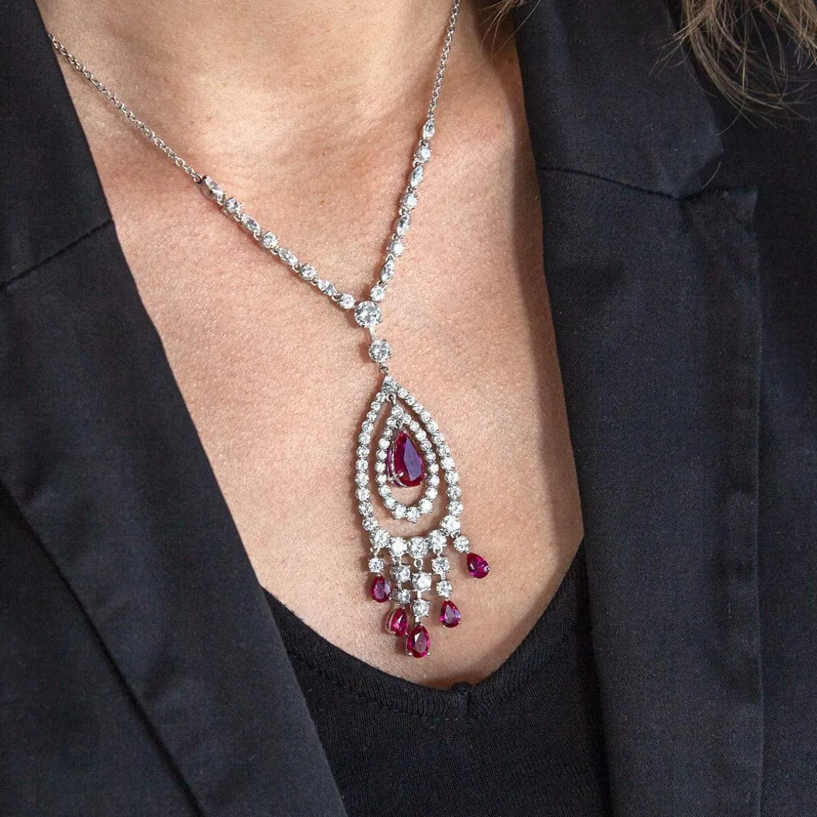 Collier argent 925, pierres synthétiques rouge zirconias 45 cm