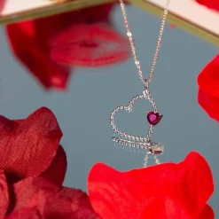 Collier argent 925 pierre synthétique rouge motif coeur 45cm