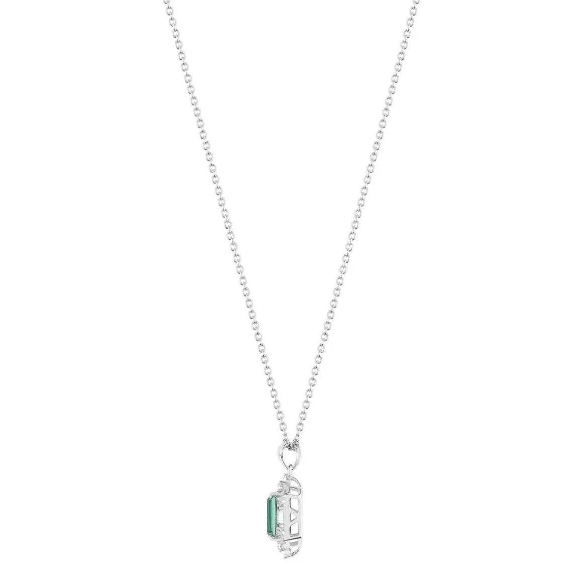 Collier argent 925 pierre verte rectangulaire et zirconias 45 cm