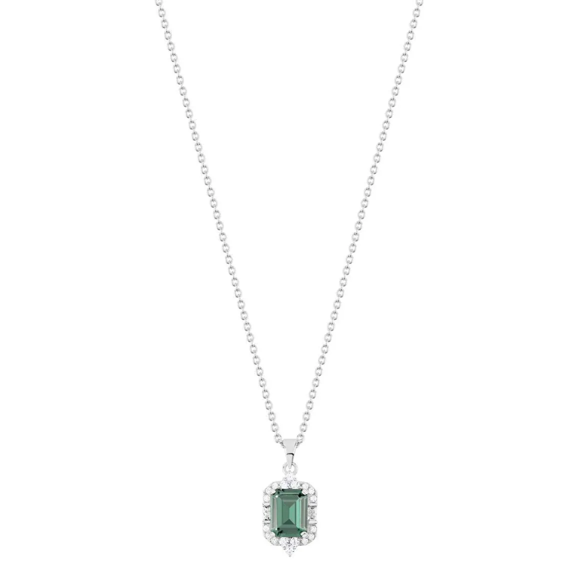 Collier argent 925 pierre verte rectangulaire et zirconias 45 cm