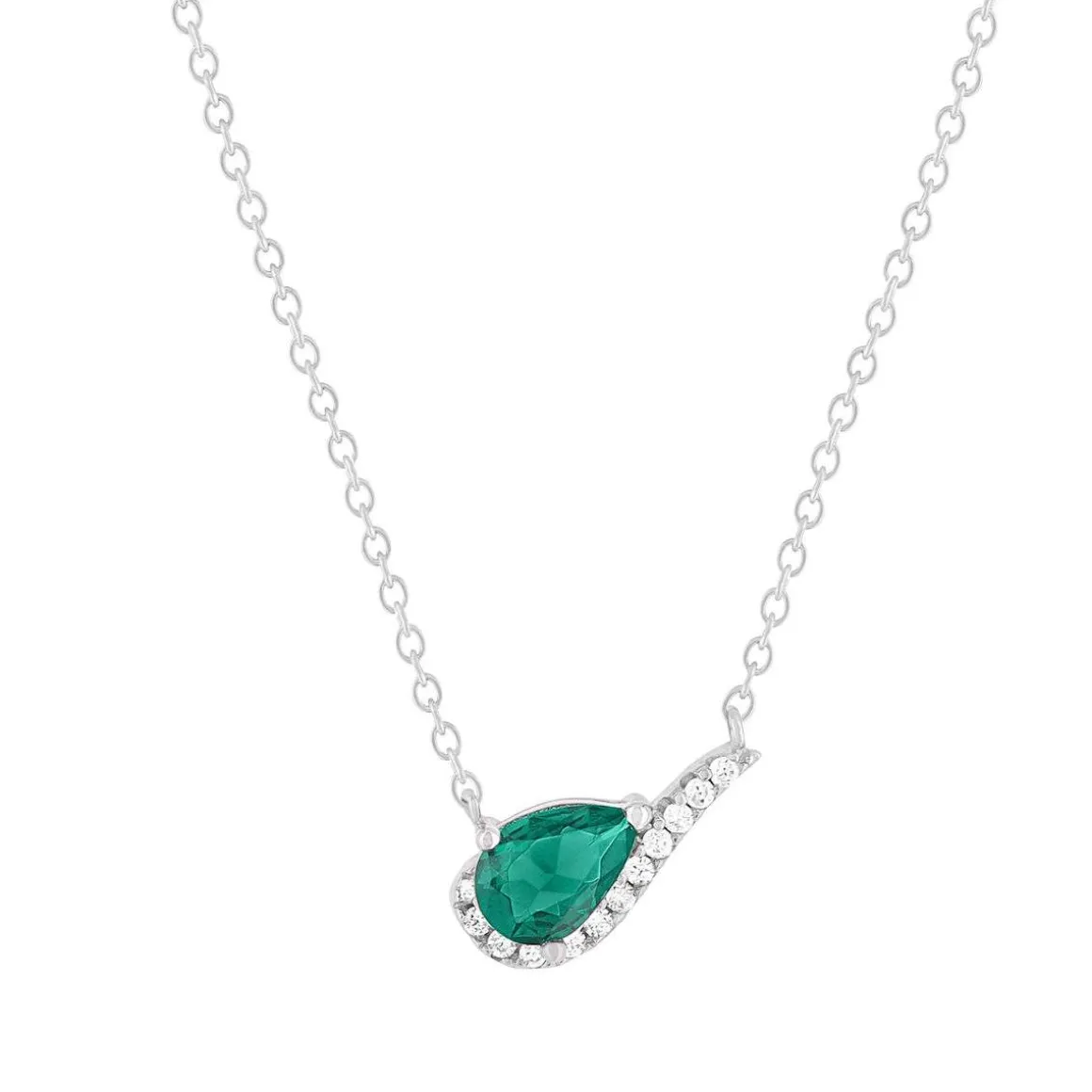 Collier argent 925 rhodié pierre synthétique verte et zirconias 45 cm