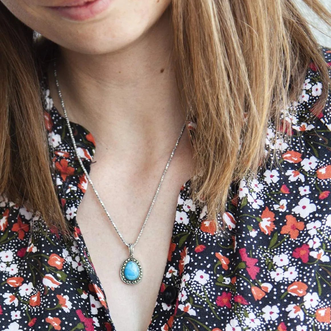 Collier argent 925 turquoise imitation marcassites 45 cm