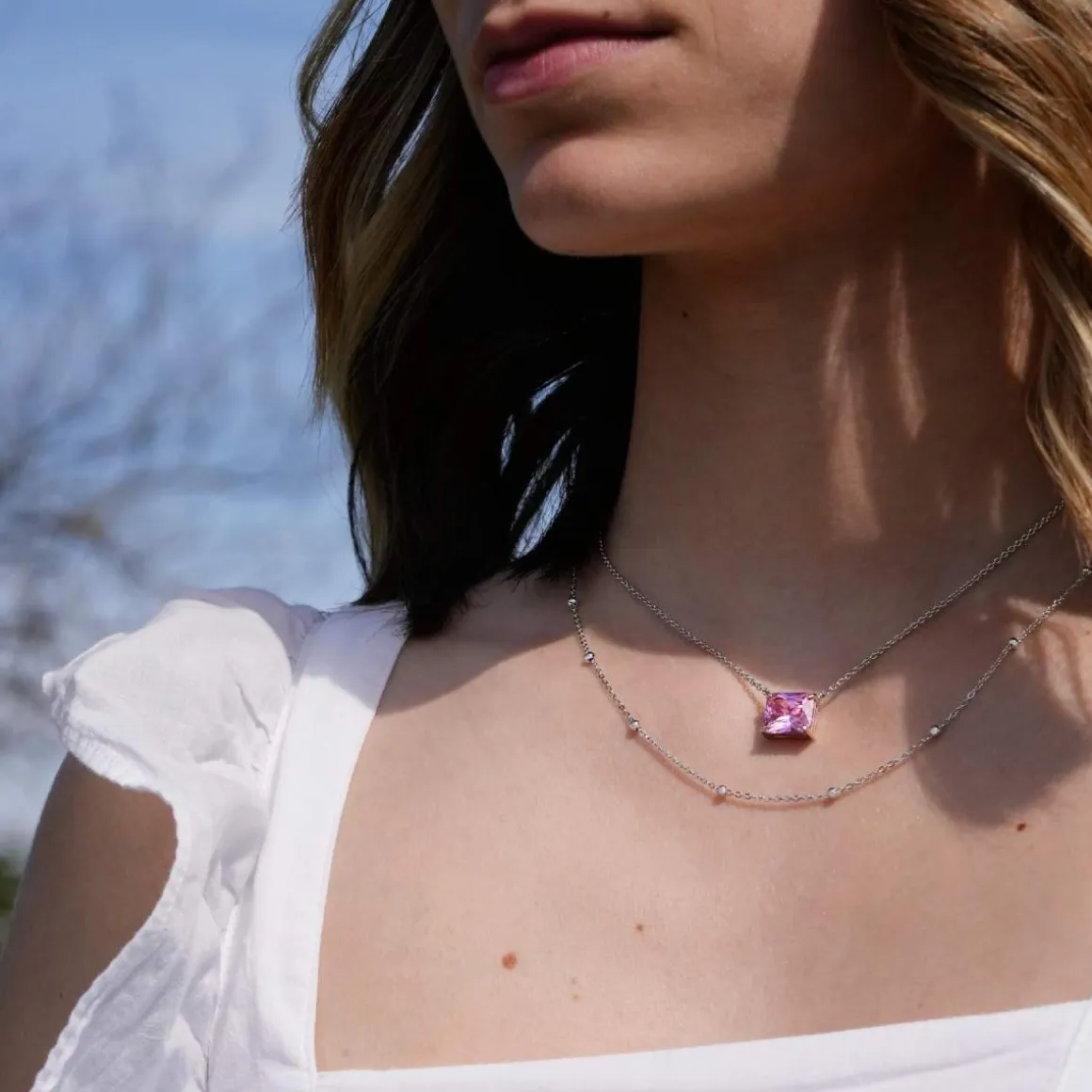 Collier argent 925 zirconia rose 45cm