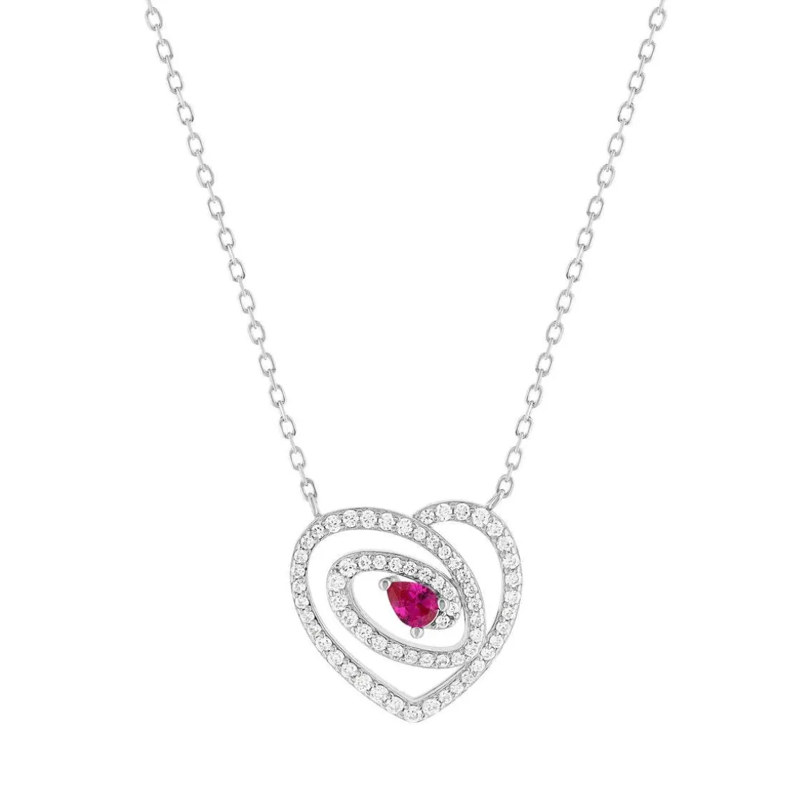 Collier coeur argent 925 rhodié rubis synthétique et zirconias 45cm