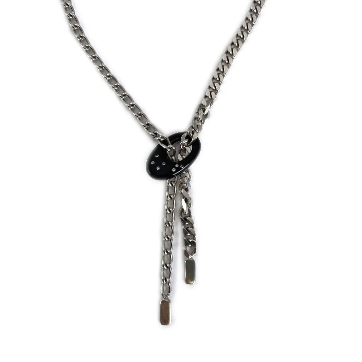 Collier d'occasion argent 925 maille gourmette plastique noir pierres blanches