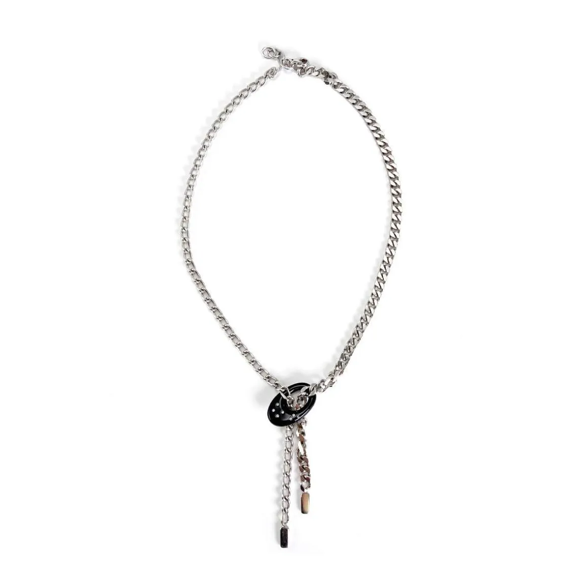 Collier d'occasion argent 925 maille gourmette plastique noir pierres blanches