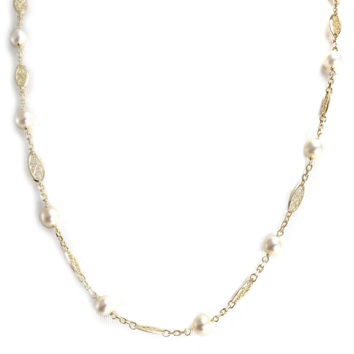 Collier d'occasion en or jaune 750, maille filigrane, perles de culture, 50 cm