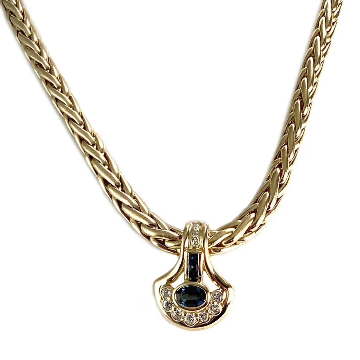 Collier d'occasion en or jaune 750, maille palmier, diamants et saphirs, 42 cm