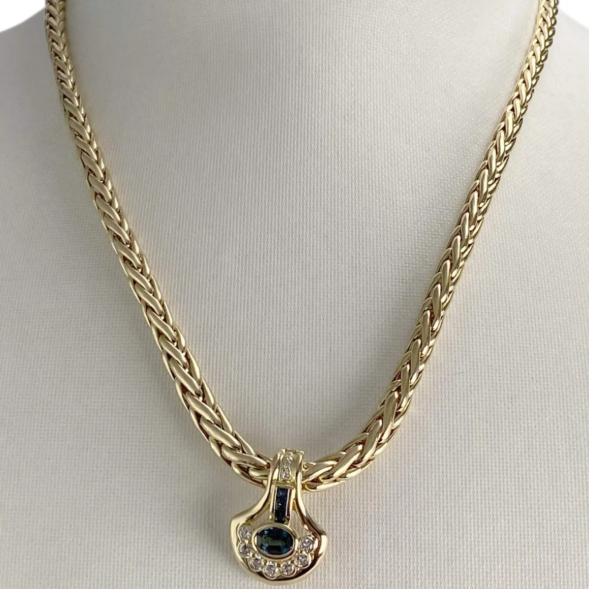 Collier d'occasion en or jaune 750, maille palmier, diamants et saphirs, 42 cm