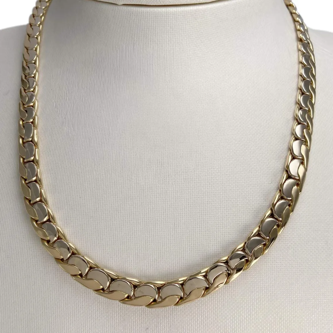 Collier d'occasion en 2 ors 750, maille fantaisie, 44 cm