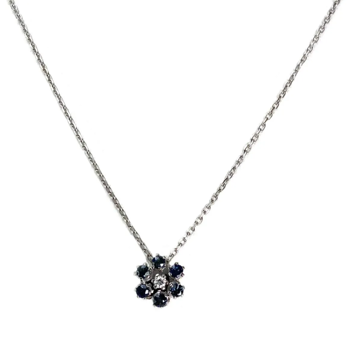 Collier d'occasion or 750 blanc maille forcat diamant saphir
