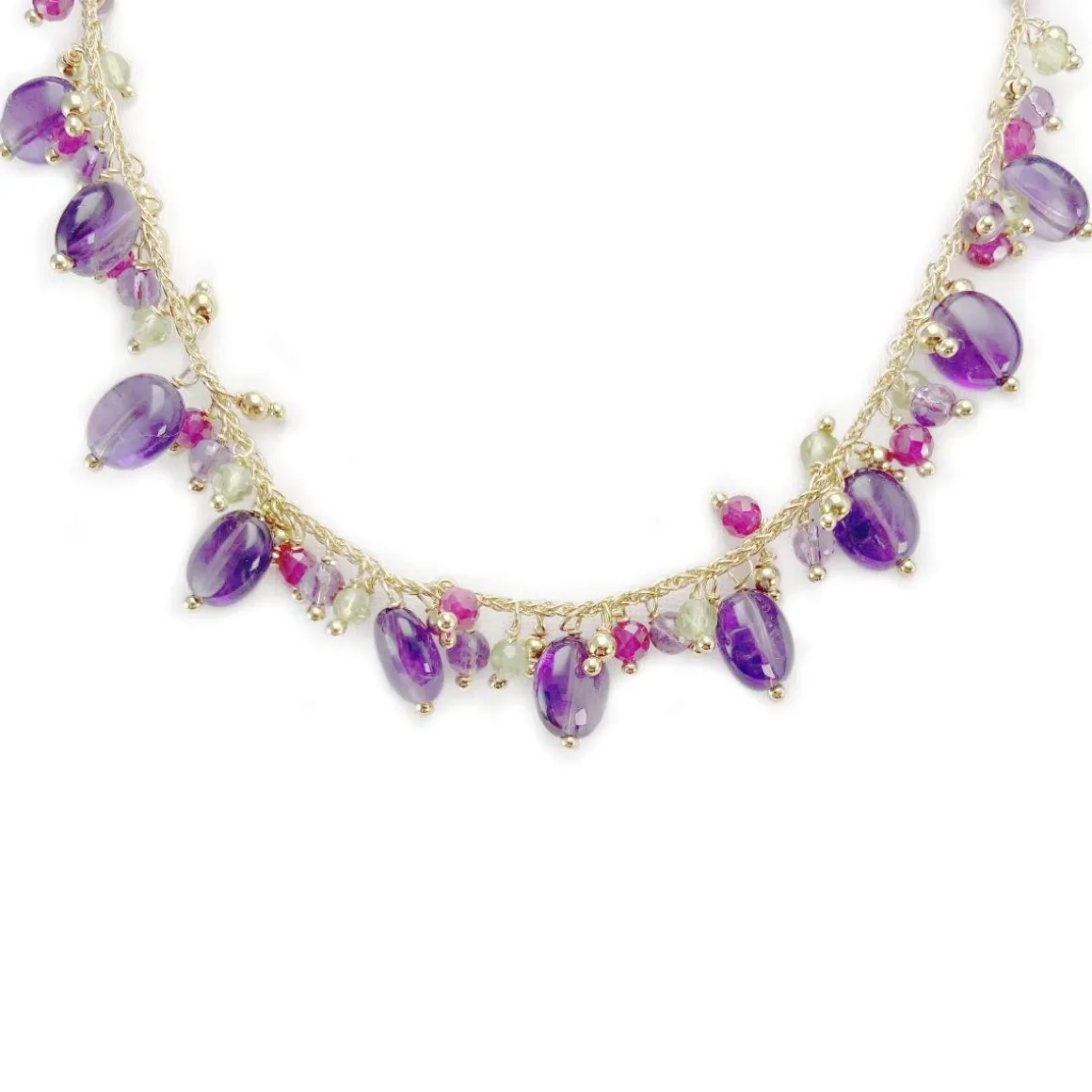 Collier d'occasion or 750 jaune boules en verre et améthystes 41 cm