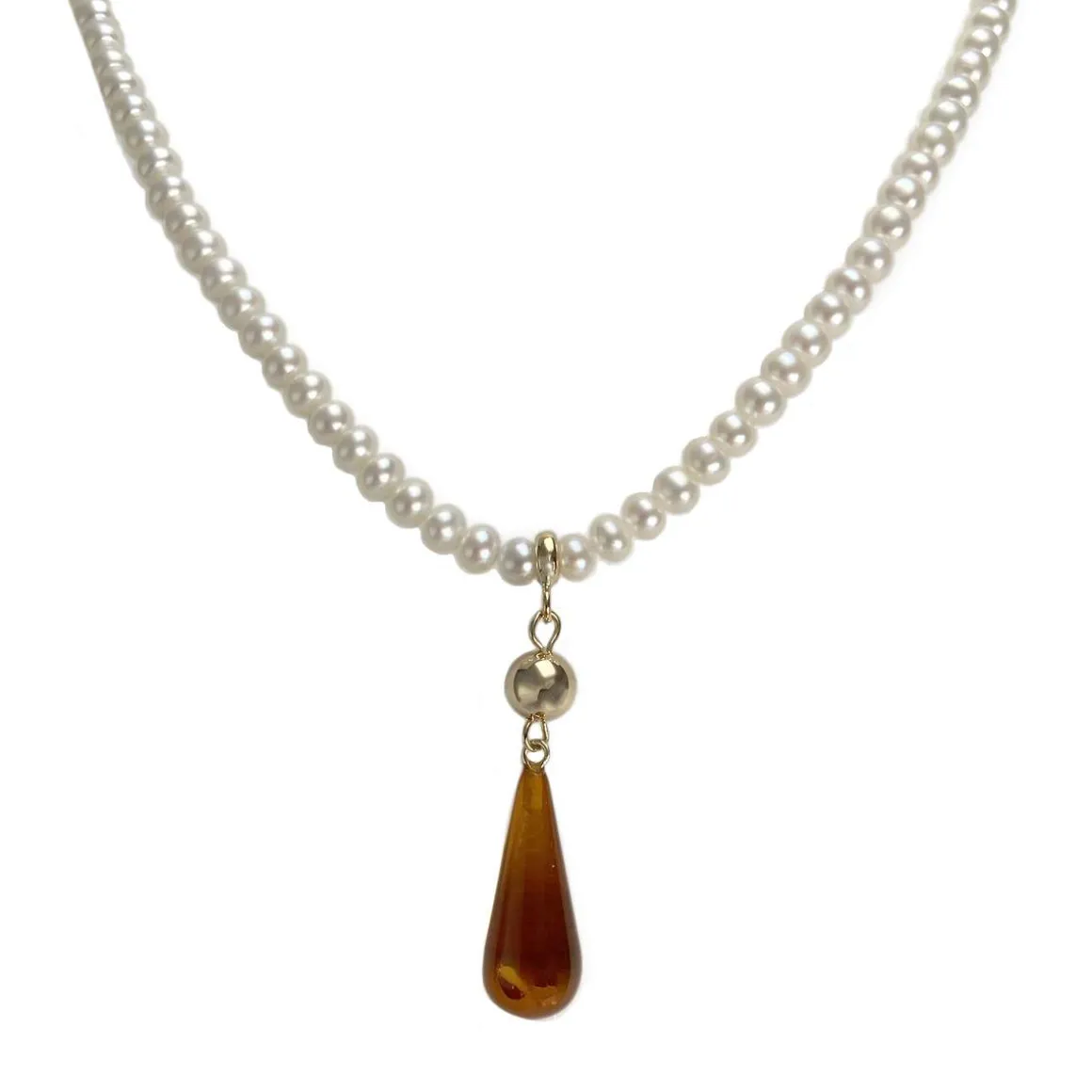Collier d'occasion or 750 jaune maille perles, perles de culture de Chine et ambre