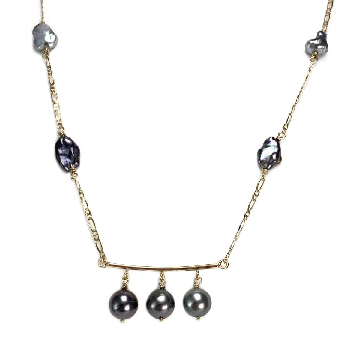 Collier d'occasion or 750 jaune perles de Tahiti et perles Keshi 45.5 cm