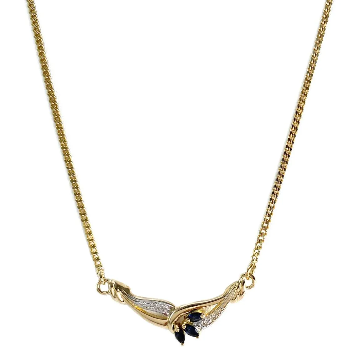 Collier d'occasion or 375 2 tons maille gourmette saphirs diamants 69,5 cm