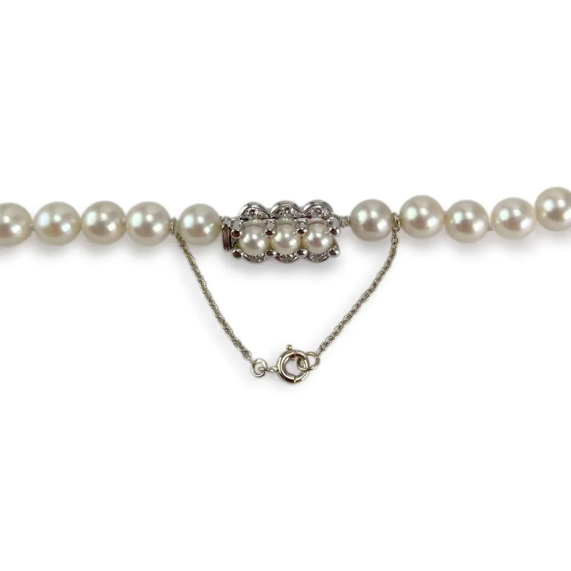 Collier en chute d'occasion or 750 blanc perles de culture du japon diamants 51 cm