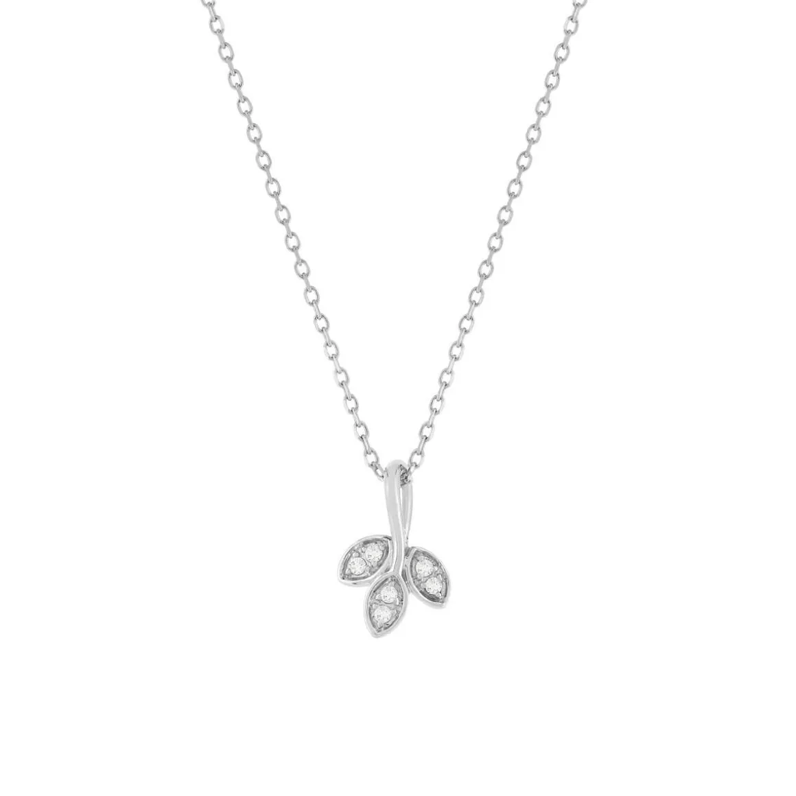 Collier or blanc 375, diamants, motif feuille. Longueur 42 cm.