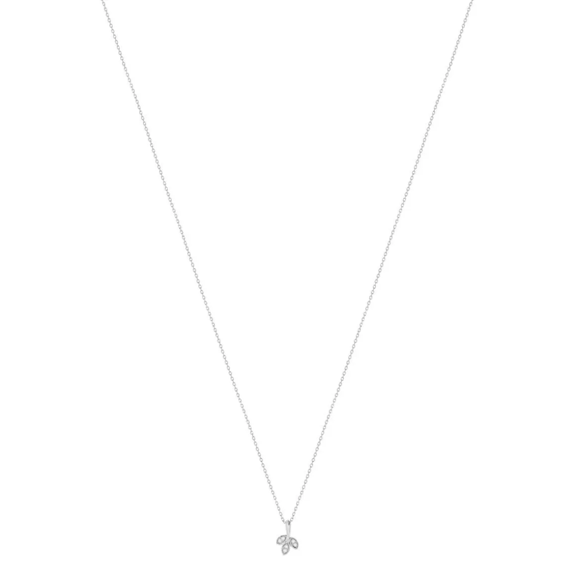 Collier or blanc 375, diamants, motif feuille. Longueur 42 cm.