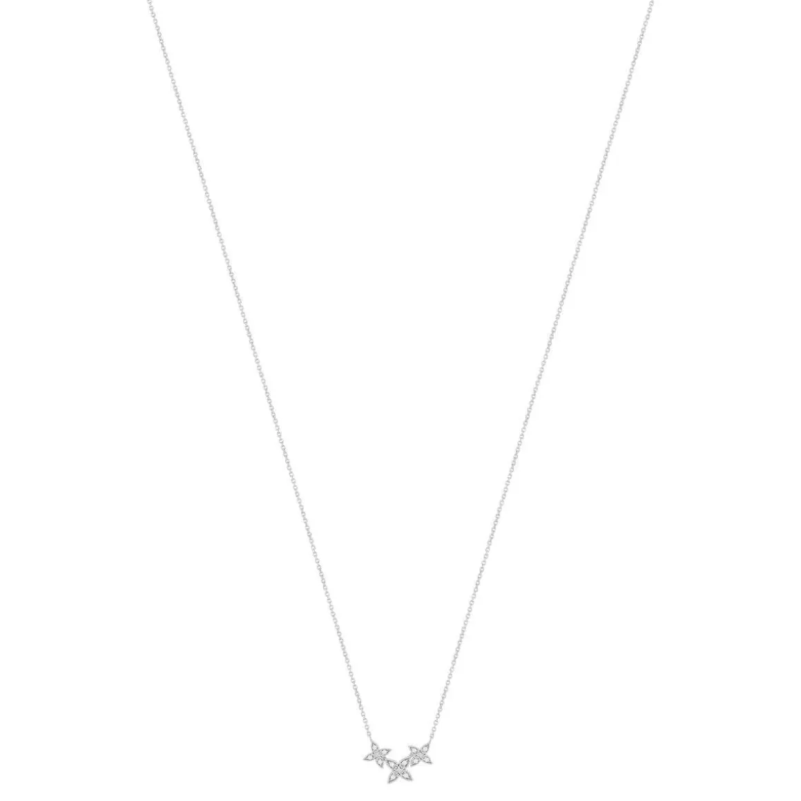 Collier or blanc 375, diamants. Motif fleurs. Longueur 42 cm.
