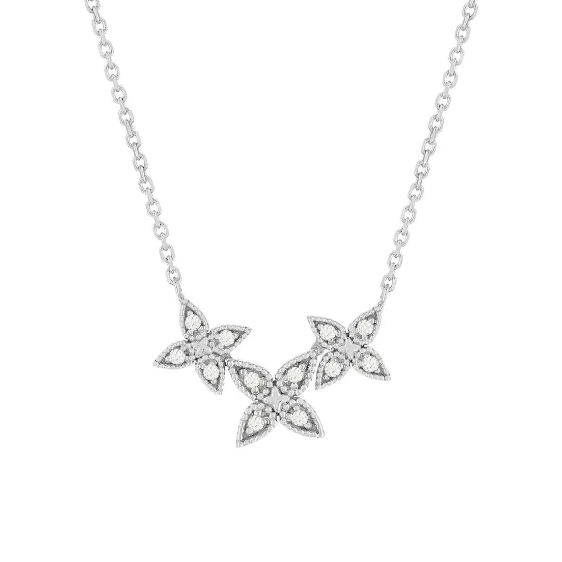Collier or blanc 375, diamants. Motif fleurs. Longueur 42 cm.