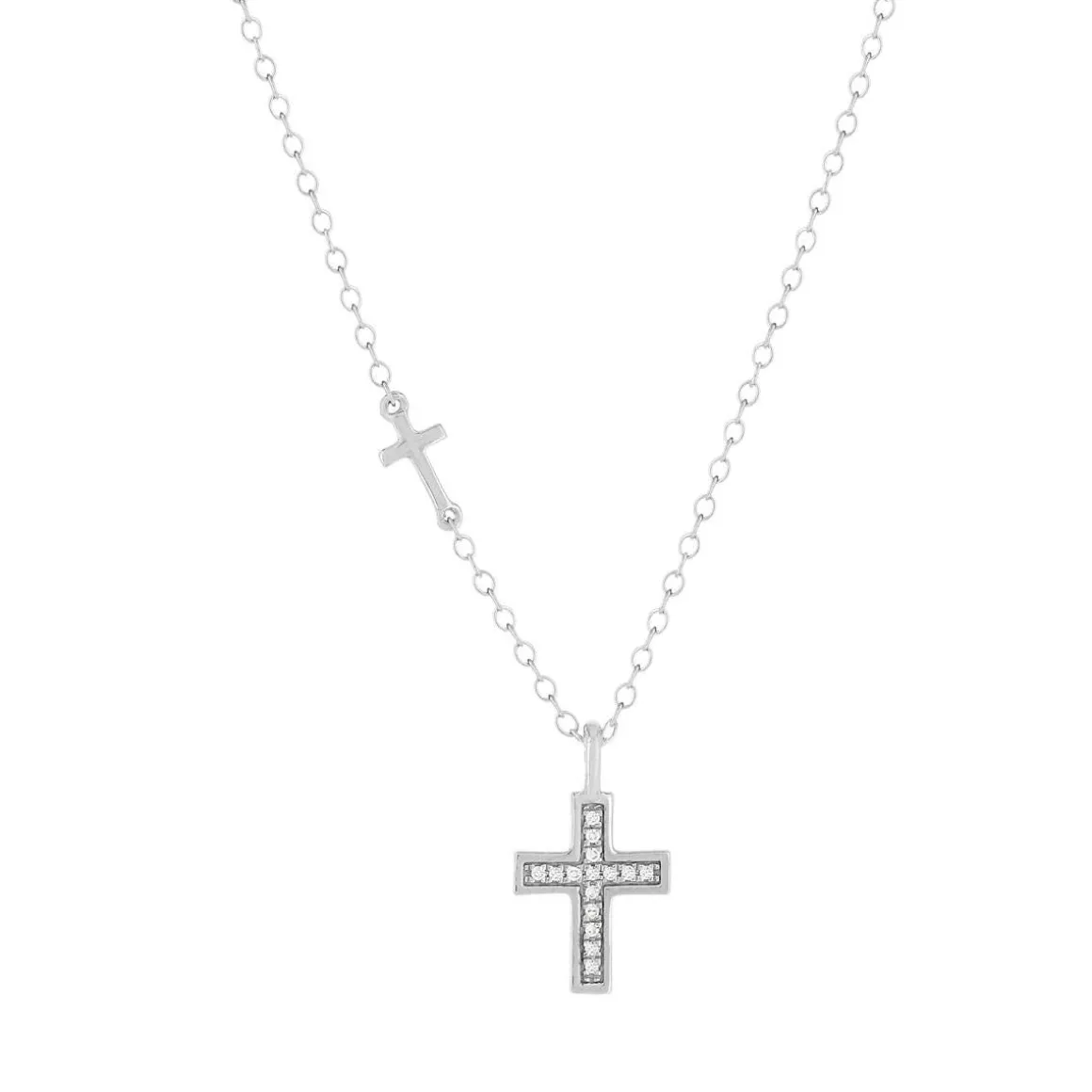 Collier or blanc 375, motif croix, diamants. Longueur 45 cm