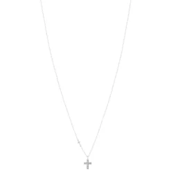 Collier or blanc 375, motif croix, diamants. Longueur 45 cm