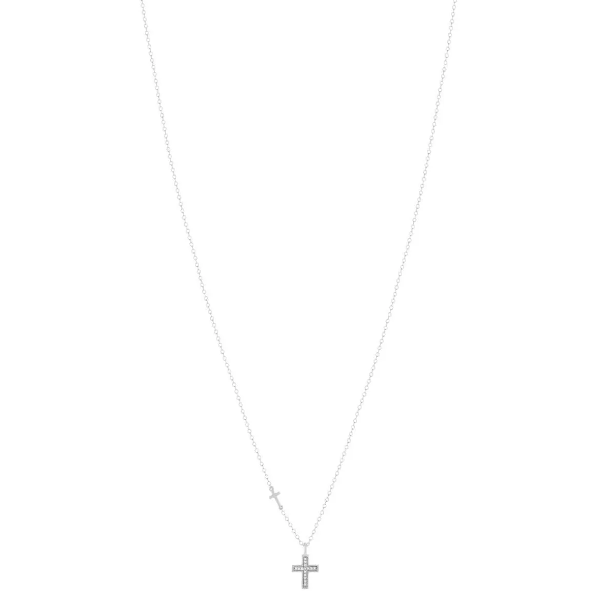 Collier or blanc 375, motif croix, diamants. Longueur 45 cm