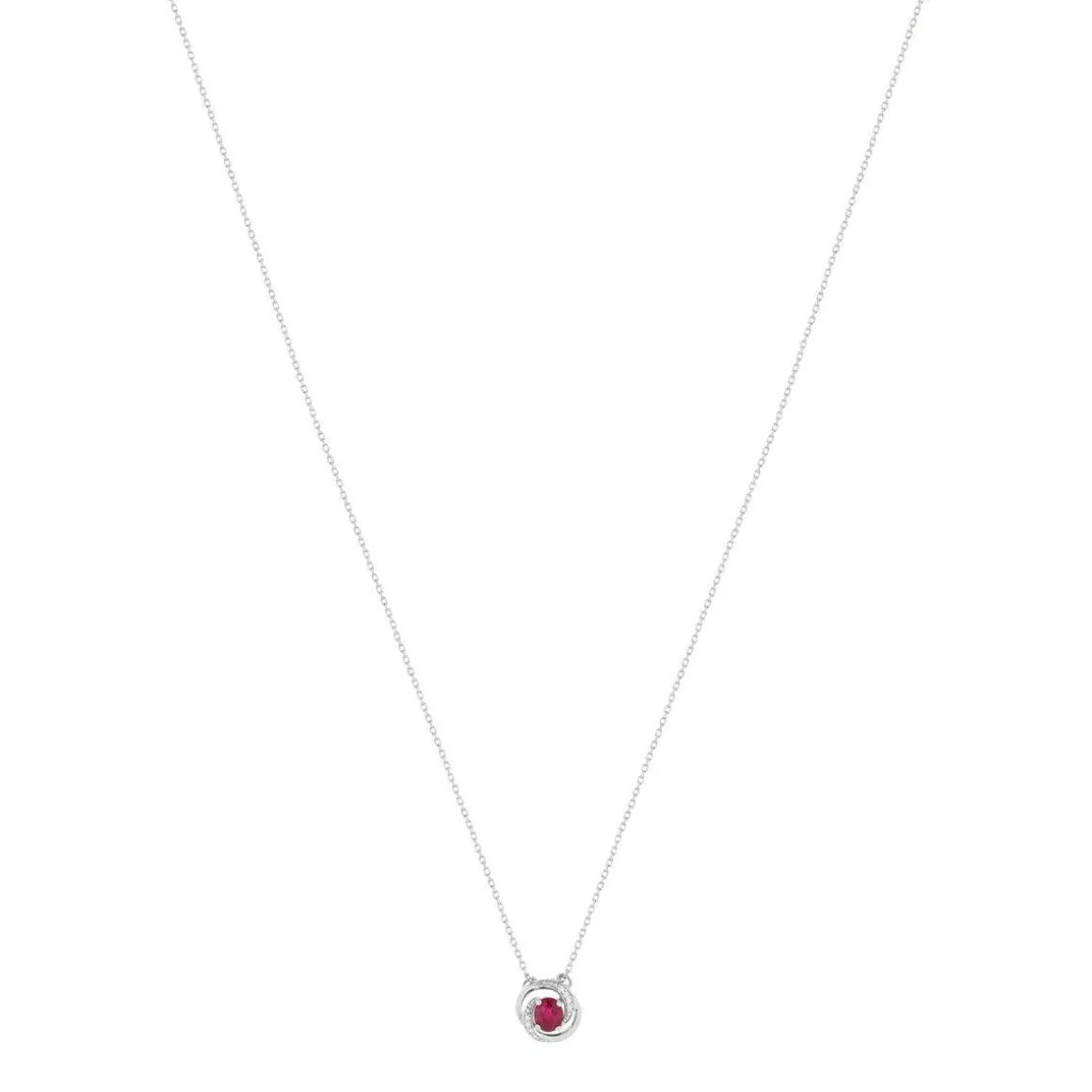 Collier or blanc 375, rubis, diamants. Longueur 42 cm.