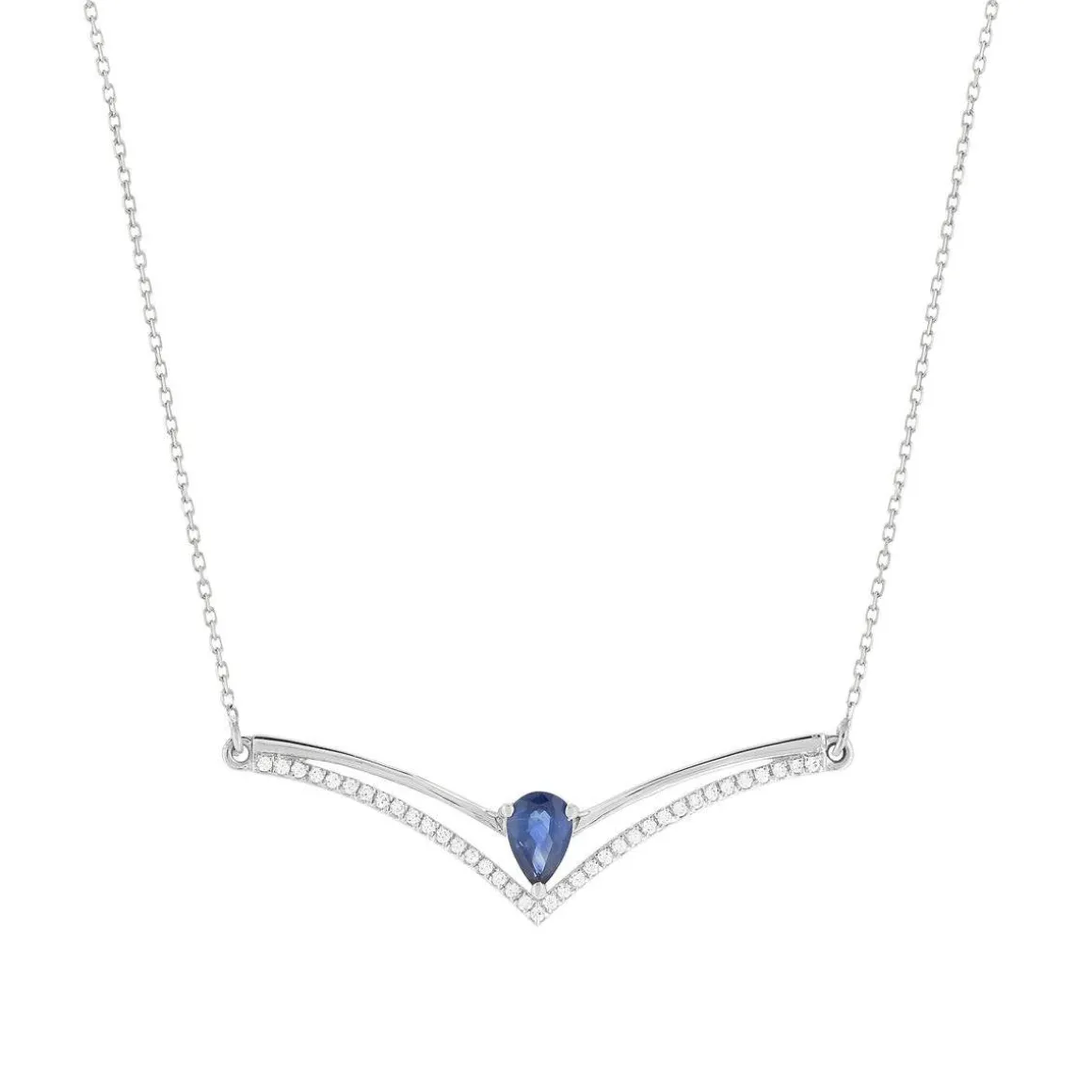 Collier or blanc 750, saphir, diamants. Longueur 45 cm.