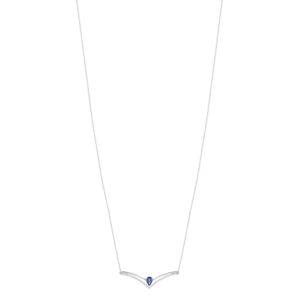 Collier or blanc 750, saphir, diamants. Longueur 45 cm.