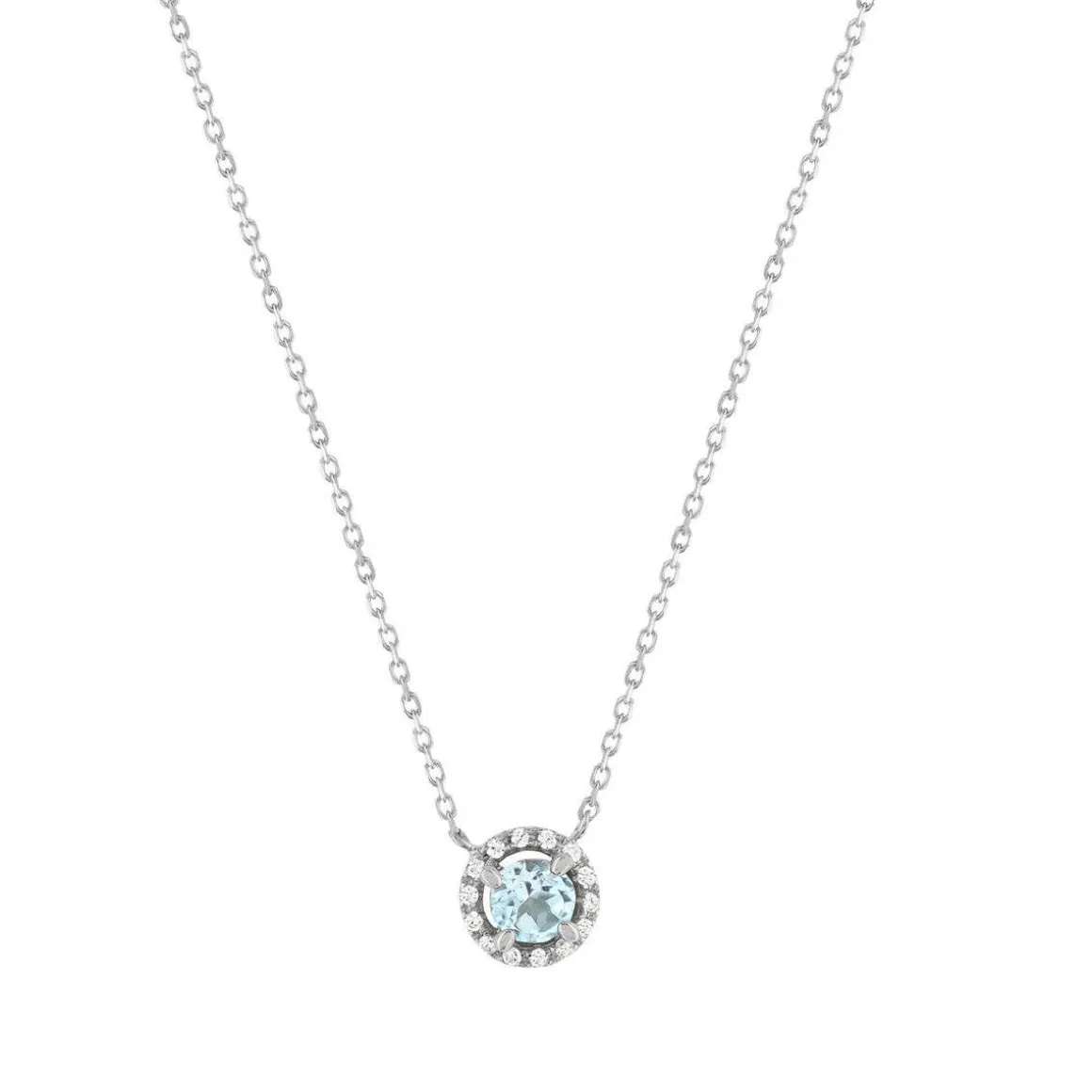 Collier or 375 blanc topaze traitée sky blue et zirconias 45cm