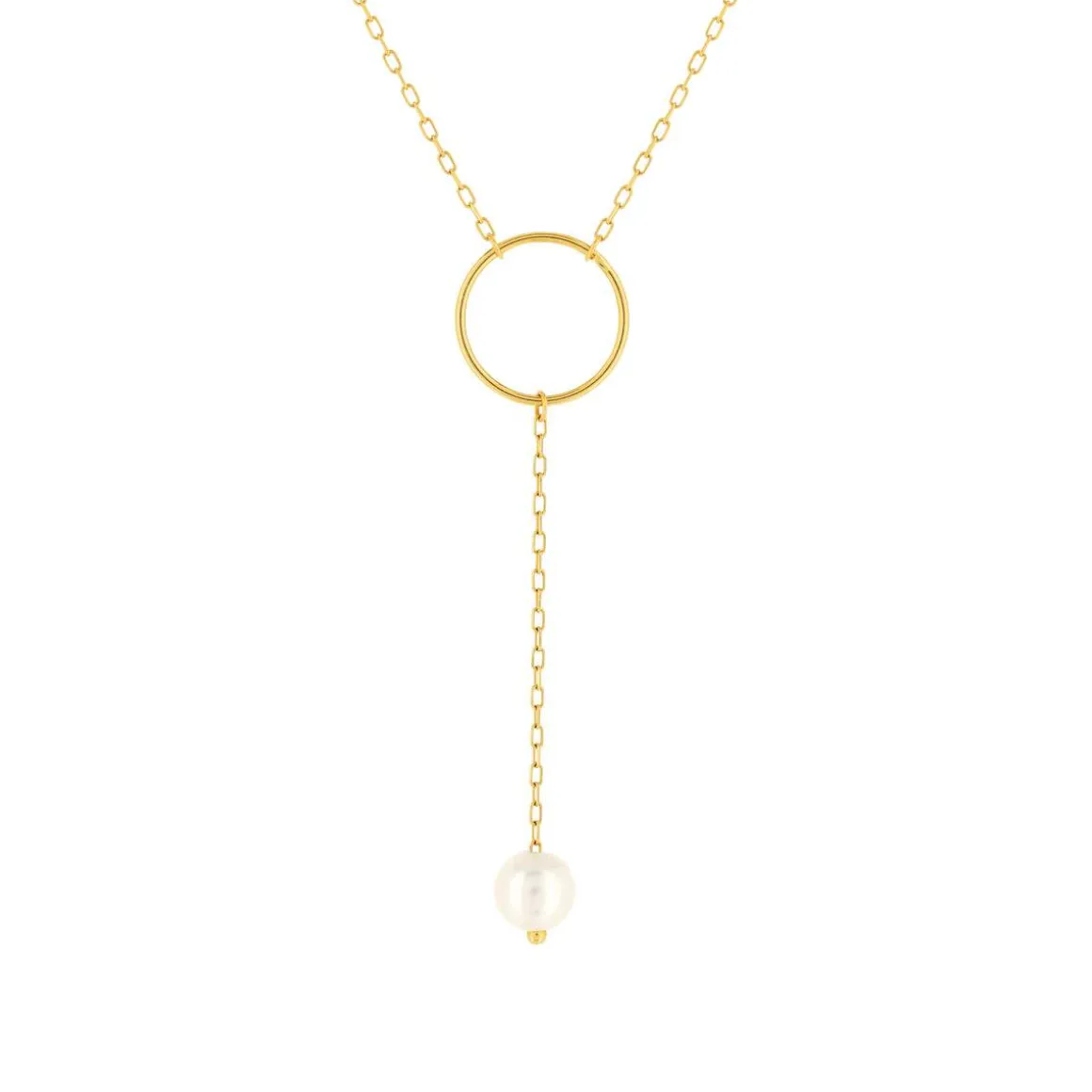 Collier or jaune 375, motif anneau, perle de culture de Chine. Longueur 40 cm.